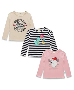 JusCubs Pack Of 3 Full Sleeves Polar Bear & Dinosaur Printed With Striped Tees - Off White Pink & Navy Blue