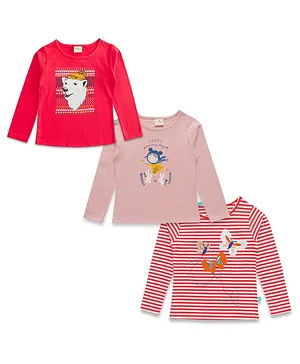 JusCubs Pack Of 3 Full Sleeves Polar Bear & Butterflies Printed With Striped Tees - Red Pink & Orange