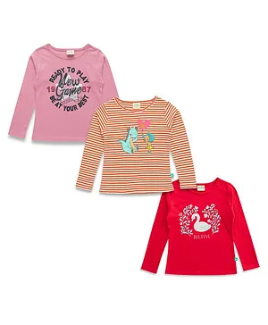 JusCubs Pack Of 3 Full Sleeves Dinosaurs & Flowers Printed With Striped Tees - Pink Orange & Red