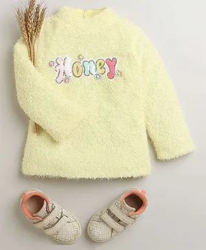 Tiny Girl Full Sleeves Honey Text Sequin Embellished & Fur Detailed Top - Yellow