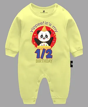 The Peppy Tend Family Theme Full Sleeves Yippie It's My Half Birthday Text & Panda Printed Unisex Romper - Yellow