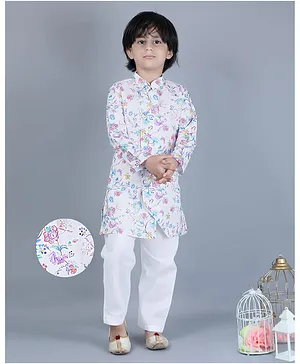 KIDS FARM Viscose Cotton Full Sleeves Floral Printed Kurta Pyjama Set - Multi Colour