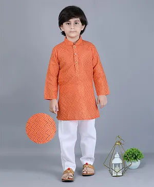 KIDS FARM Cotton Silk Full Sleeves Chevron Designed Woven Kurta Pyjama Set - Orange