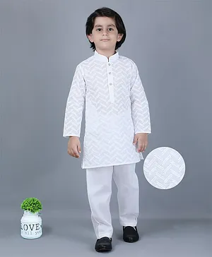 KIDS FARM 100% Cotton Full Sleeves Chevron Embroidered Kurta Pyjama Set - White