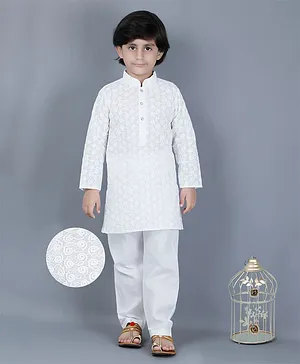 KIDS FARM 100% Cotton Full Sleeves Floral Embroidered Kurta Pyjama Set - White