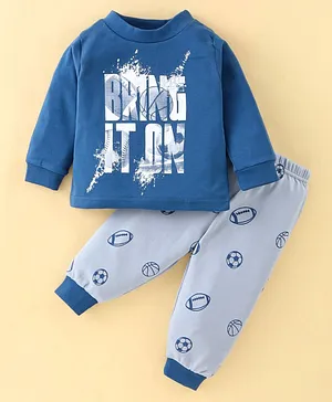 Pink Rabbit Cotton Single Jersey Knit Full Sleeves T-Shirt and Lounge Pant Ball Print - Blue