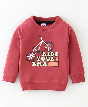 Pink Rabbit Cotton Looper Full Sleeves  Ride Print Winter T-Shirt - Red