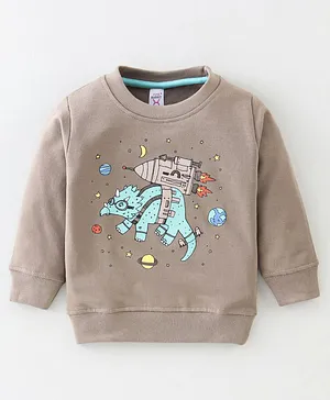 Pink Rabbit Cotton Looper Full Sleeves  Dino Print Winter T-Shirt - Beige