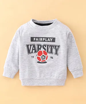 Pink Rabbit Cotton Looper Full Sleeves  Text Print Winter T-Shirt - Grey