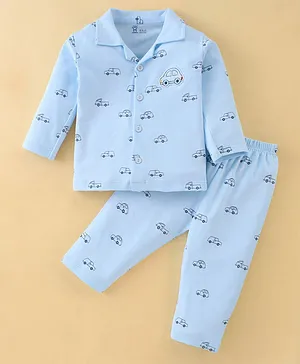 Pink Rabbit Single Jersey Full Sleeves Car Print Night Suit - Blue