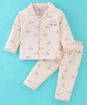 Pink Rabbit Single Jersey Full Sleeves Car Print Night Suit - Peach