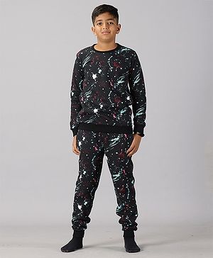 Kiddopanti Full Sleeves Colour Splashed Fleece Coordinating Tee & Joggers Set - Black