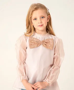 Cherry Crumble By Nitt Hyman Full Puffed Sleeves Bow Embellished & Ruffle Neckline Detailed Top - Peach