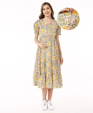 Bella Mama Woven Half Sleeve Maternity Dress With Pocket Floral Print - Yellow