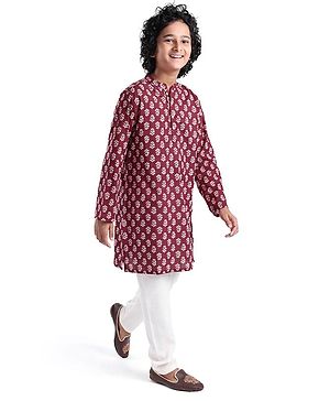 Pine Kids Full Sleeves Floral Printed Kurta Pyjama Set - Maroon & White