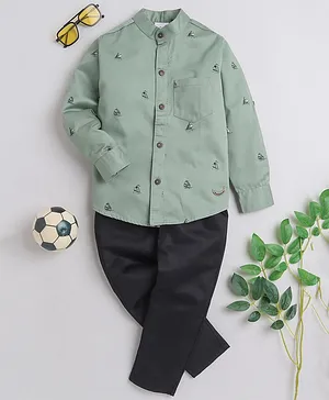 BAATCHEET Full Sleeves All Over Sea Theme Ship Printed Shirt With Pant - Green