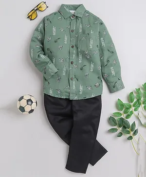 BAATCHEET Full Sleeves All Over Abstract Text & Feathers Printed Shirt With Pant - Green