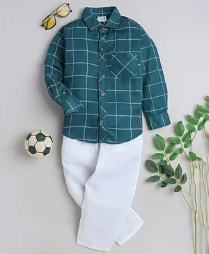BAATCHEET  Full Sleeves Checked Shirt With Pant - Teal Blue