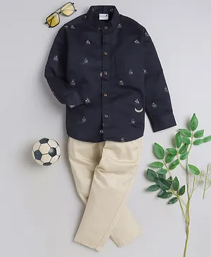 BAATCHEET  Full Sleeves Boat Printed Shirt With Pant - Navy Blue