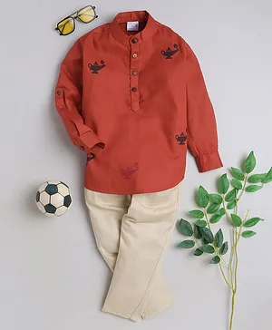 BAATCHEET Full Sleeves All Over Magic Pot Printed Kurta Style Shirt With Pant - Orange