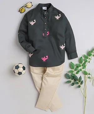 BAATCHEET Full Sleeves All Over Magic Pot Printed Kurta Style  Shirt With Pant - Green