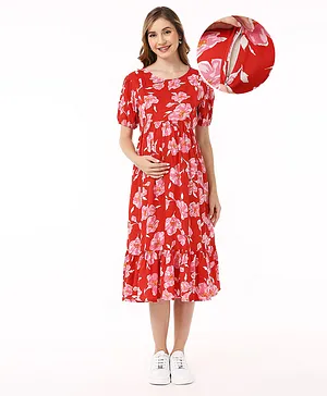 Bella Mama Half Sleeve Maternity Dress With Pocket Floral Print - Red