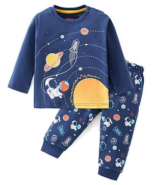Babyhug Cotton Full Sleeves T-Shirt & Pyjama Set Solar System Print - Navy Blue
