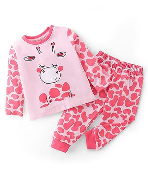 Babyhug Cotton Knit Full Sleeves Night Suit Giraffe Print - Pink
