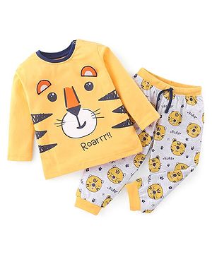 Babyhug Single Jersey Knit Full Sleeves Nightsuit Tiger Printed - Yellow