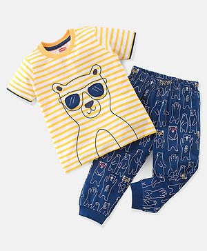 Babyhug Cotton Knit Half Sleeves Night Suit With Teddy Patch & Striped - Yellow & Blue