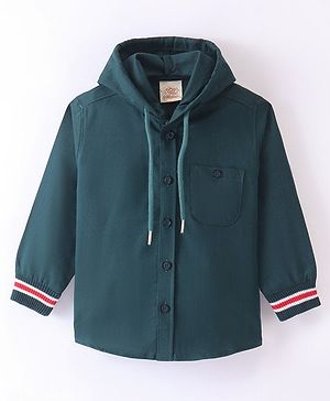 Rikidoos Full Sleeves Placket Placement Striped Hooded Shirt - Peacock Green