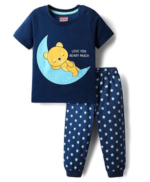 Babyhug Cotton Knit Half Sleeves Night Suit Teddy Print -  Blue