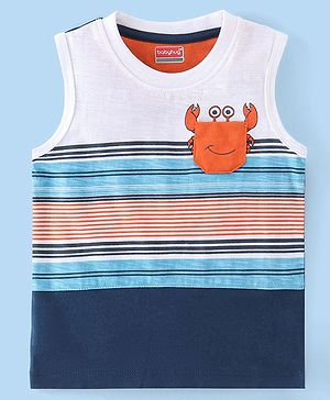 Babyhug 100% Cotton Sleeveless T-Shirt with Crab Graphics - White & Navy Blue