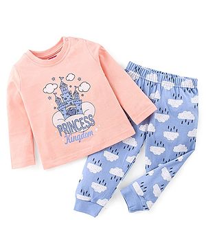Babyhug Single Jersey Knit Full Sleeves Night Suit Text Printed - Blue & Pink