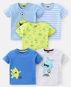 Babyhug 100% Cotton Half Sleeves T-Shirts Monsters Print Pack of 5- Blue & Green
