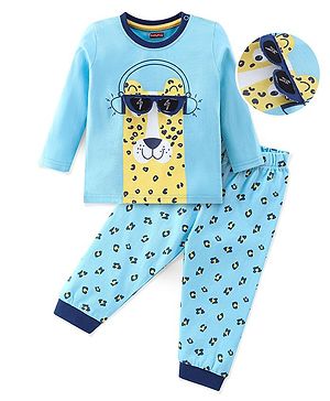 Babyhug Cotton Knit Full Sleeves Night Suit With Leopard Print & Embroidery - Blue