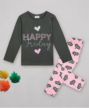 Sheer Love Full Sleeves Happy Friday & Crown Printed Tee & Pajama Set - Dark Grey