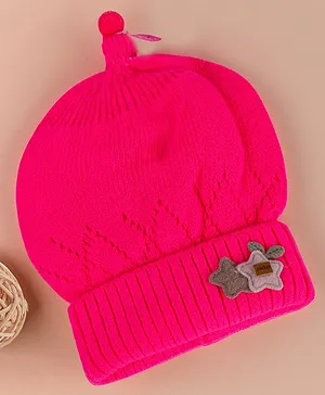 Baby Moo Star Detailed Breathable Knitted Woollen Beanie Cap - Magenta Pink