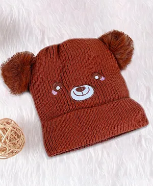 Baby Moo Bear Designed Pom Pom Detailed Breathable   Knitted Woollen Beanie Cap - Brown