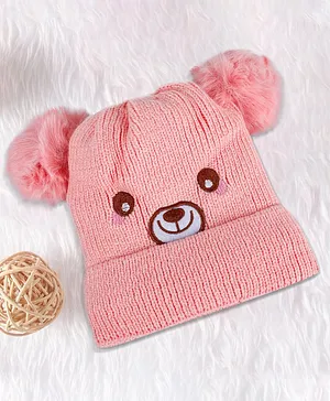 Baby Moo Bear Designed Pom Pom Detailed Breathable   Knitted Woollen Beanie Cap  - Pink