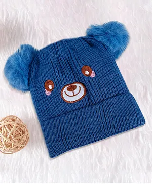 Baby Moo Bear Designed Pom Pom Detailed Breathable   Knitted Woollen Beanie Cap  - Blue