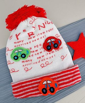 Baby Moo Car &  Pom Pom Detailed Breathable Knitted Woollen Beanie  Cap -  Red