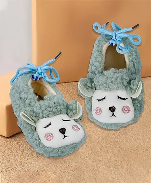 Baby Moo Sheep Detailed Stylish Velcro Anti Skid Booties - Olive Green