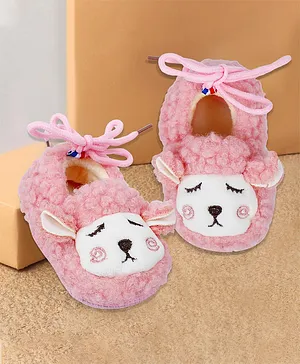 Baby Moo Sheep Detailed Stylish Velcro Anti Skid Booties - Pink
