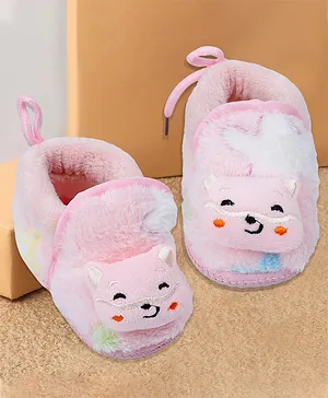 Baby Moo Kitten Face Detailed 3D Rattle Warm Velcro Anti Skid Booties - Pink