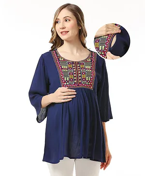 Bella Mama Woven Embroidered Yoke With Three Fourth Sleeves Maternity Top - Navy Blue