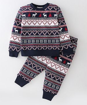 CrayonFlakes Christmas Theme Jacquard Printed Coordinating Sweatshirt &  Joggers Set - Navy Blue