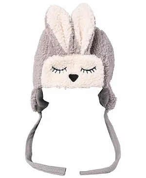 Kid-O-World Animal Face Detailed Ear Applique Fur Cap With String - Grey
