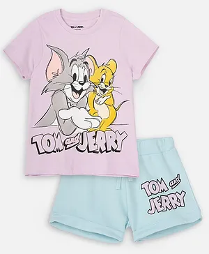 Nap Chief Warner Bros Featuring Half Sleeves Tom & Jerry Printed Pure Cotton Tee & Shorts Set - Lavender