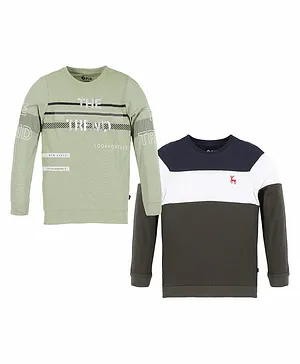 3PIN Pack Of 2 Full Sleeves The Trend Foil Text Printed & Color Blocked Tees - Green & Grey
